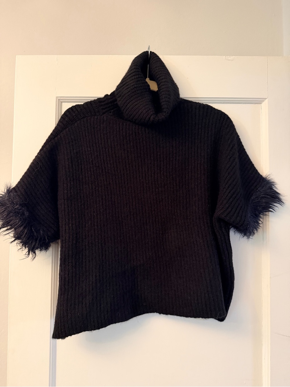 Amelie Black Turtleneck Short-Sleeve Sweater with Faux Feather Trim